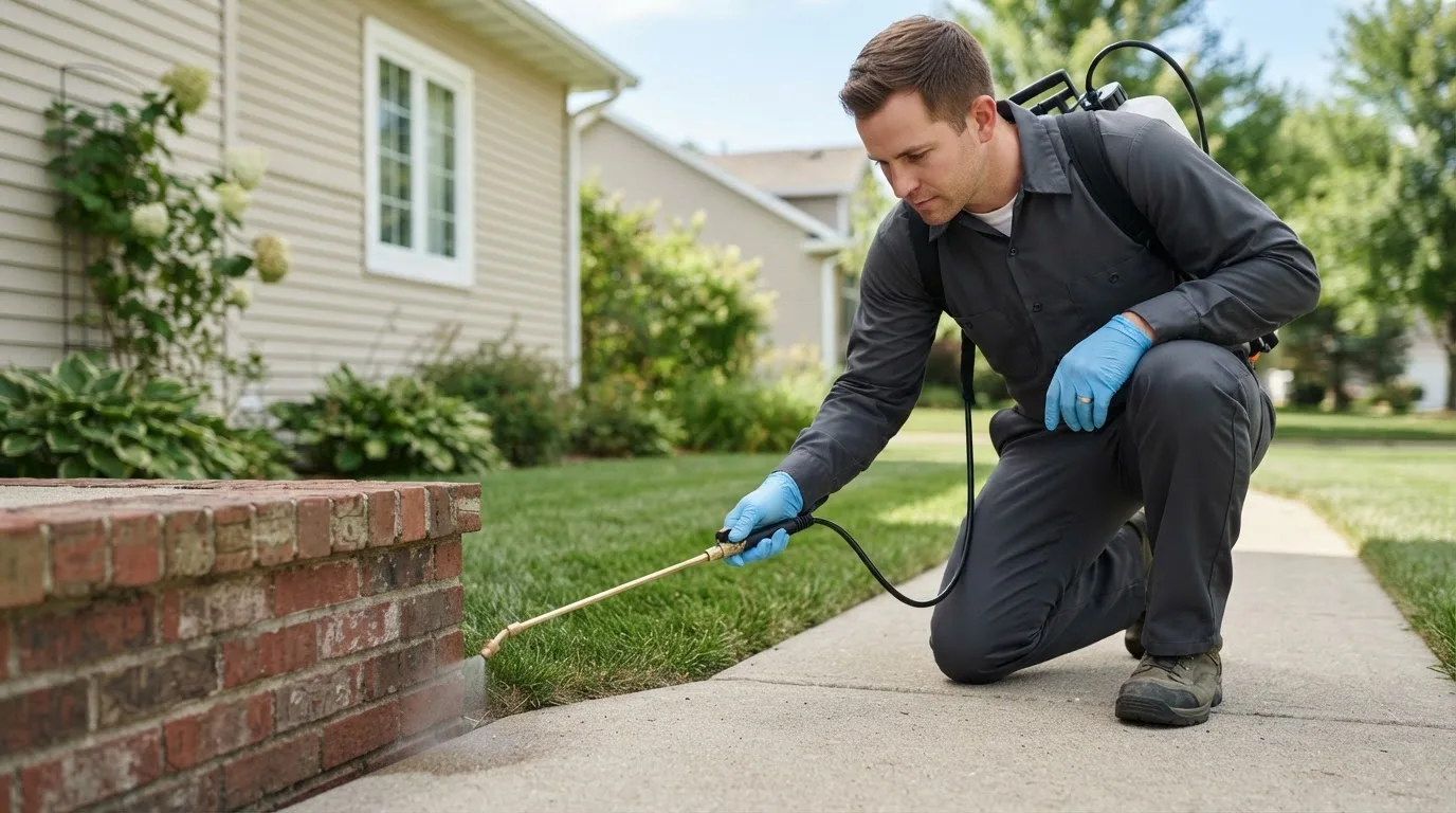 Pest control technician treating a home near Brewster, KS